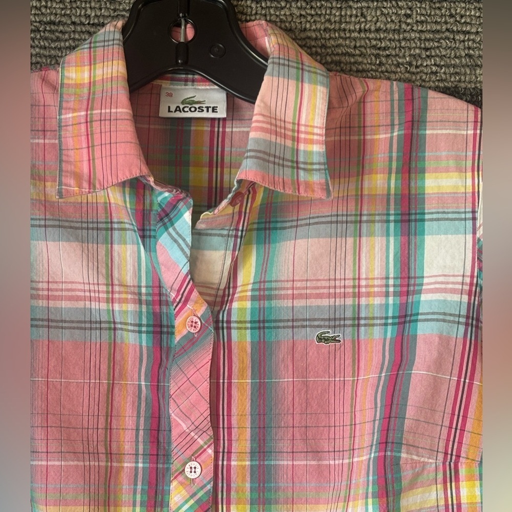 Lacoste Women’s Short Sleeve Plaid Button Up Blouse Size 38 Small EUC - Picture 2 of 7